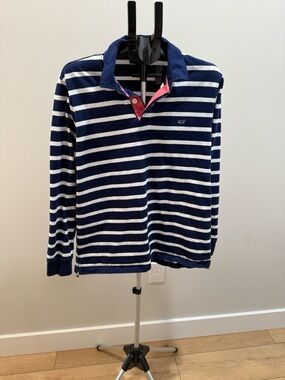Vineyard Vines Navy and White Striped Button-Down Rugby Shirt with Pink Trim